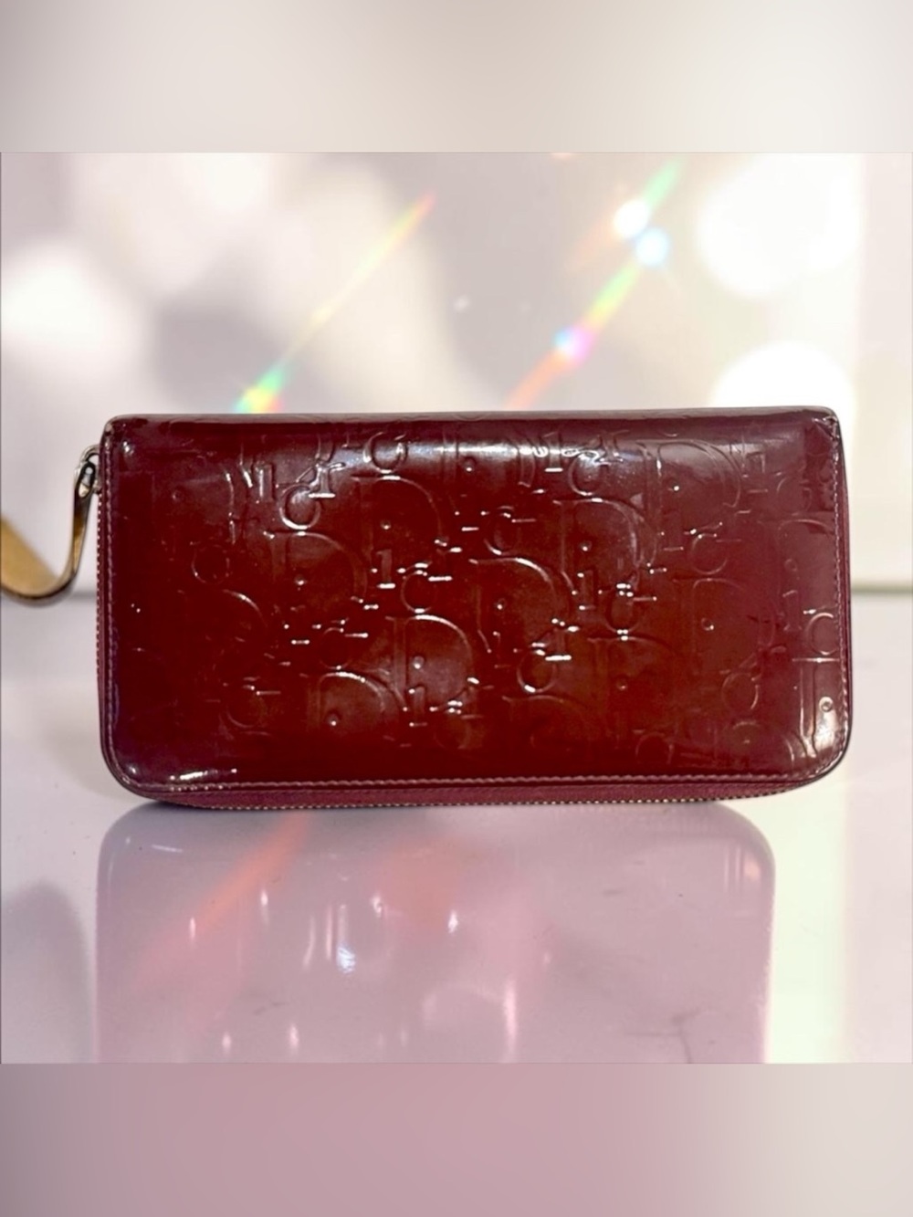 Christian Dior Vintage Trotter Print Patent Leather Long Zip Wallet | Burgundy